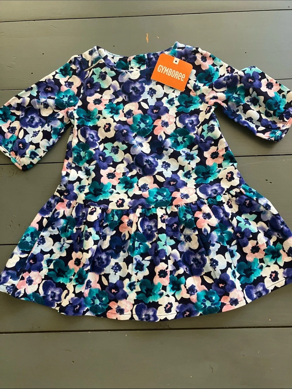 GYMBOREE Cotton Corduroy Blue/Teal/Pink Floral Peplum Dress L/S Size 6-12 M NWT